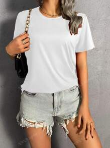 Maglietta casual da donna a maniche corte, girocollo monocolore, top estivo, collo lavorato con cura