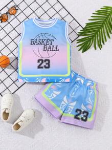 2pcs/Set Boys' Basketball Sports Outfit, Short Sleeve Shirt And Shorts, Casual Comfort Blue-Pink-Purple Gradient Design, Basketball No.23 Print, Suitable For Sports And Outdoor Wear
