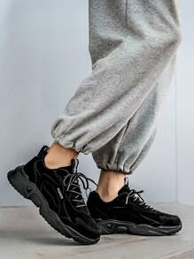 Men's Black & Grey Mesh Patchwork Design Comfortable Running Shoes, Fashion Black Outdoor Casual Sports Sneakers
