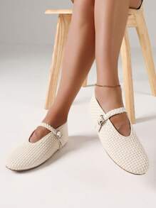 Women's Woven Ballet Flats Fashion Buckle Strap Round Toe Casual Comfortable Mary Jane Flat Ballerina Shoes Woman - Beige Woven - 查看 5