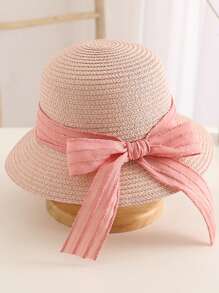 1 件装女孩可爱公主粉色蕾丝蝴蝶结草编太阳帽，公主风格防紫外线沙滩帽，适合日常佩戴 - 絲帶 - 查看 12