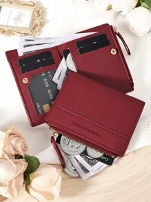 勃艮第包 Charry Red 包 酒红色包，时尚勃艮第钱包，女士短钱包，2 折设计，多卡夹，银行卡收纳袋，信用卡收纳袋，零钱袋，拉链开合，照片窗口，优质皮革，适合女朋友、母亲、老师、情人节、日常使用、旅行必需品、办公室、购物、女士必备钱包和卡夹的理想旅行包和礼品包 - 酒紅色 - 查看 4