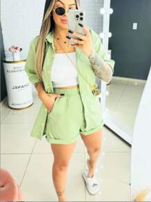 Linen Set / Shirt And Shorts / With Elastic Waistband - Verde Oscuro - Ver 1