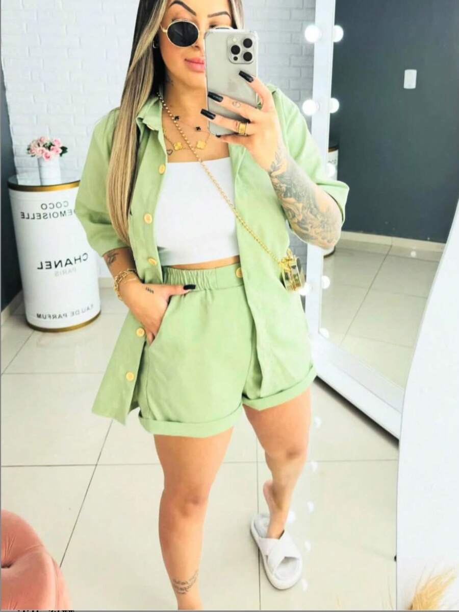Linen Set / Shirt And Shorts / With Elastic Waistband - Verde Oscuro - Ver 1