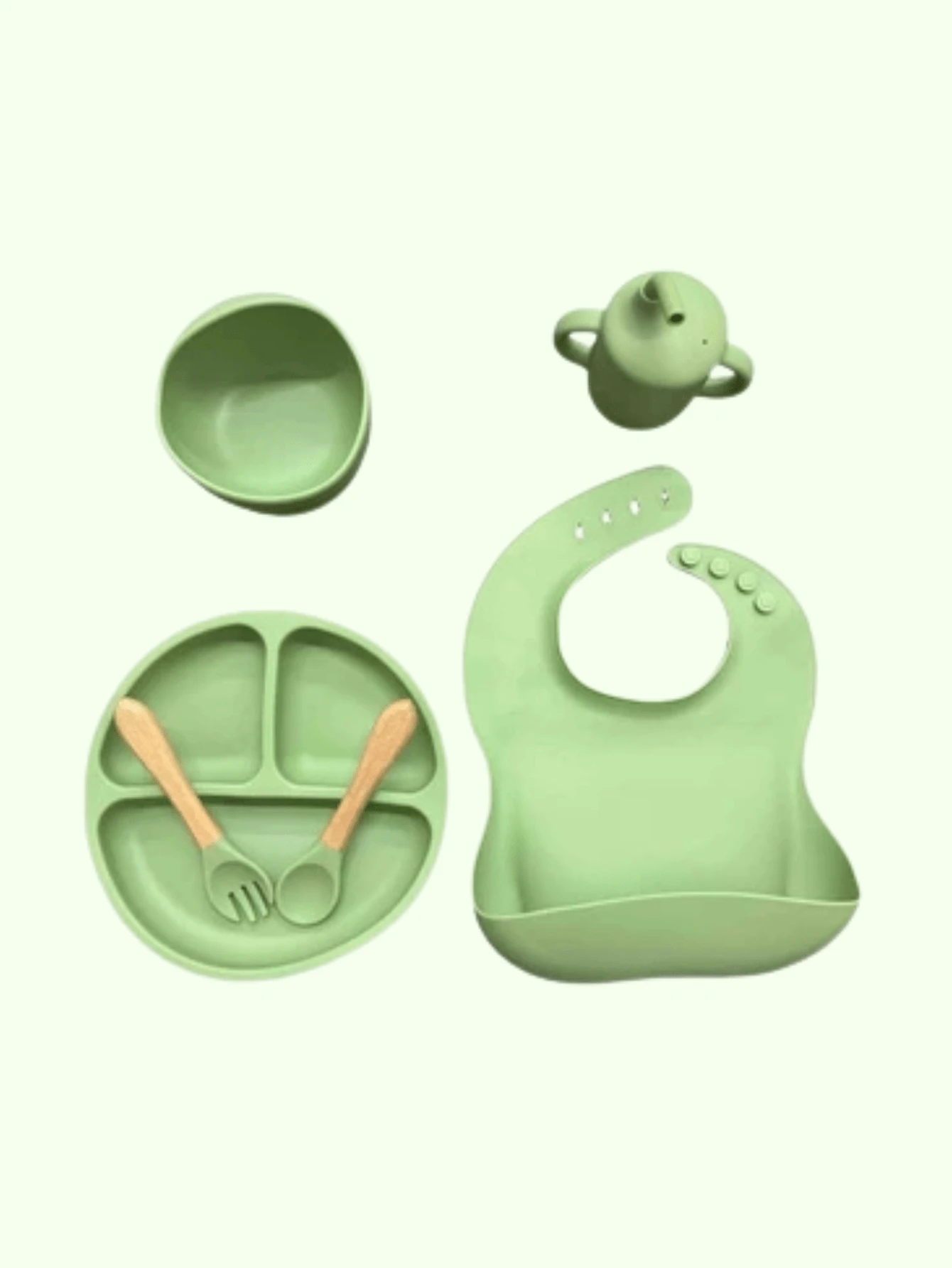 6 Piece Baby Cutlery Set Silicone Baby Set With Suction Cup Bowl Sippy Cup Bibs - 深綠色 - 查看 1