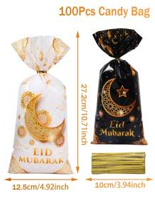 25/50/100pcs Eid Party Plastic Gift Bags With Ties, Eid Mubarak Thank You Favor Bags, Black & White Crescent Moon Pattern Packaging Bags, Eid Ramadan Party Table Decor, Holiday Gift Wrapping, Eid Home Party Baking Packaging Bags, Eid DIY Gift Wrap Bags, Party Favor Bags - View 5
