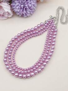 3pcs Stacking Necklace Set, Faux Pearl, Blush & Millennial Pink, Girls/Women - Imitation Pearl Necklace - View 5