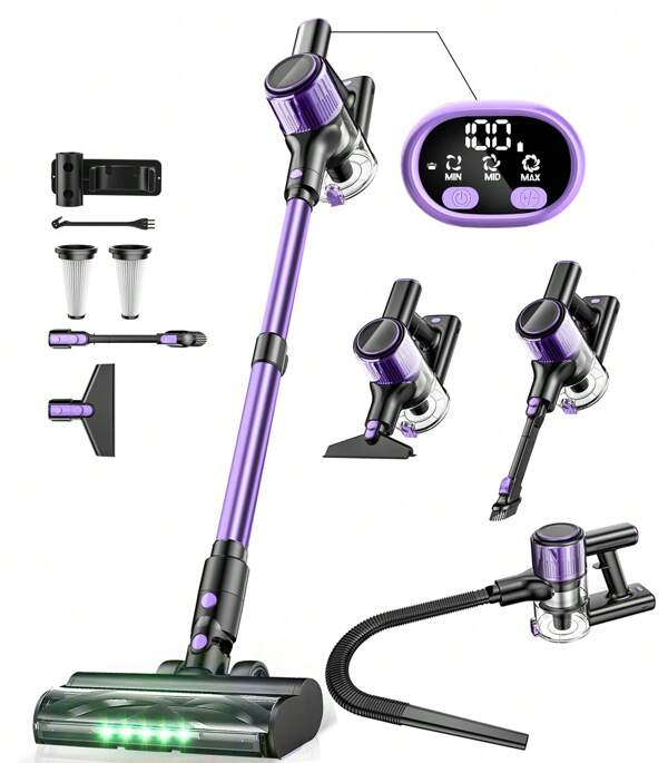 Cordless Vacuum Cleaner, 10-In-1 33Kpa/350W Powerful Suction Stick Vacuum With Anti-Tangle Brush And Upgraded Green Light | Hose | 3 Cleaning Modes | 40-Minute Runtime | Lightweight Vacuum Cleaner For Home Hardwood Floors (Purple)