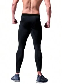 Men's Solid Sports Leggings, Active Quick Drying High Stretch Breathable Sports Compression Pants For Outdoor Running Training