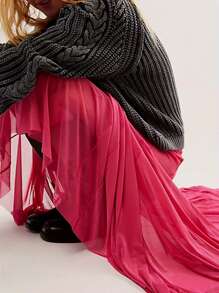 Womens Sheer Mesh Long Skirts Elastic High Waist Ruffle Hem Flowy Skirts Casual A-Line Midi Skirts - 玫紅色 - 查看 5