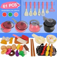 Juego de Juguetes de Cocina, Mini Juguetes de Cocina de Simulación para Niños, Utensilios de Cocina, que Incluyen Ollas a Presión, Cocinas de Inducción y Cubiertos, Comida - Conjunto rosa de 61 piezas - Ver 3