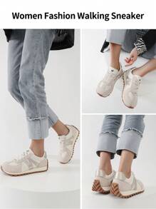 somiliss 1 Pair Women's Sporty Non-Slip Lace-Up Casual Sneakers, Comfortable Tennis Joggers Classic Retro Flat Low-Top Outdoor Running Walking Shoes, Apricot Color - Apricot - View 9