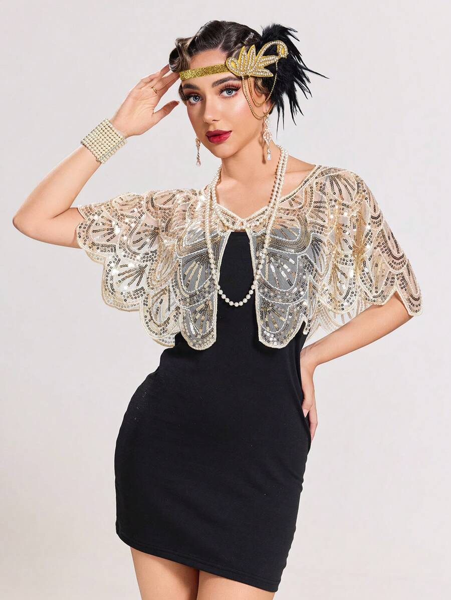 1920年代复古亮片串珠披肩围巾，适合正式派对、婚礼、哈林之夜、万圣节等场合。 - 杏色 - 查看 1
