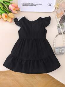 1pc Baby Girls Cute Peter Pan Collar Ruffle Sleeve Little Black Dress, Summer