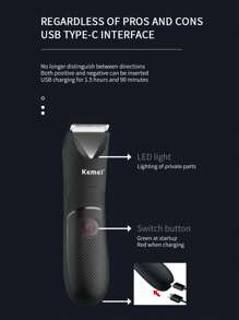 Kemei 科美 KM-1838 充电式体毛修剪器可水洗 USB 充电剃须刀男士电动理发器多功能电动理发机腹股沟区胡须去除器男士礼物男友礼物父亲礼物情人节礼物 - 黑色 - 查看 9