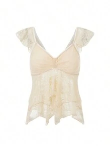 Women Summer Crop Tanks Flying Sleeve V Neck Lace Double Layered Lotus Edge Tops - Yellow - View 1