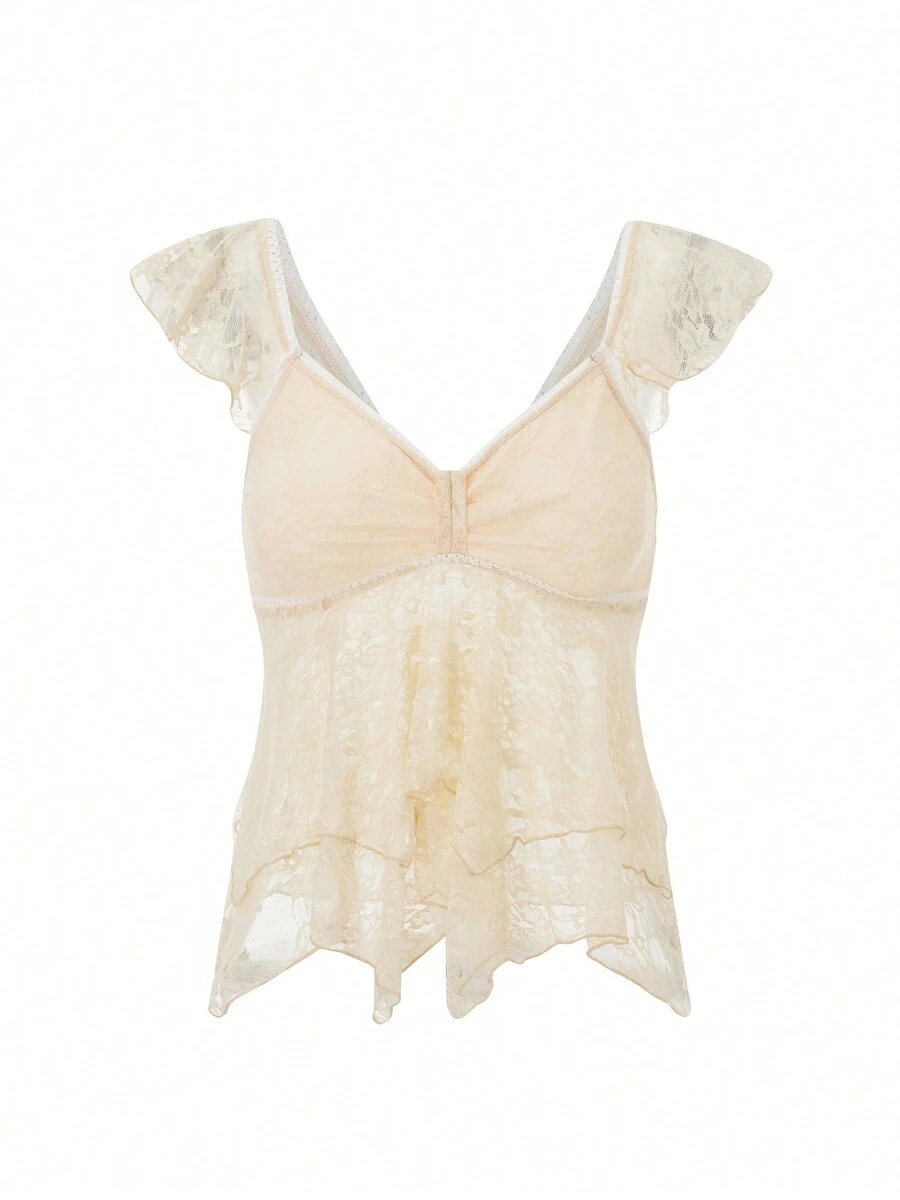 Women Summer Crop Tanks Flying Sleeve V Neck Lace Double Layered Lotus Edge Tops - Yellow - View 1