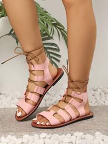 Plus Size Women Boho Style Fashion Lace-Up Flat Sandals, Pattern, Pink, Suitable For Travel & Vacation - Pink - View 4