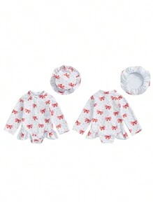 Conjunto de traje de baño para bebé y niña pequeña que incluye bañador de una pieza de manga larga tipo protector solar, sombrero de sol con estampado floral y cierre de cremallera - Blanco - Ver 7