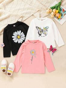 3 stuks/set meisjes mode casual vlinder grafische gebreide ronde hals lange mouw t-shirt, geschikt voor bovenkleding, lente en herfst