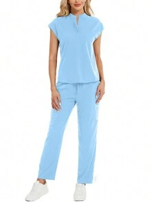 Bộ đồng phục y tế 2 món (áo và quần cổ đứng, màu trơn) mùa xuân - Màu xanh nhạt - Xem 4