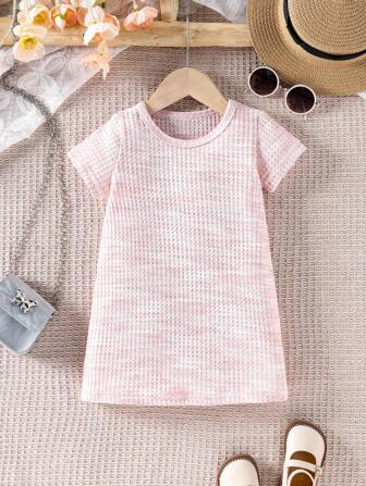 1 件女婴休闲闪亮华夫格针织圆领连衣裙，节日派对礼物，夏季