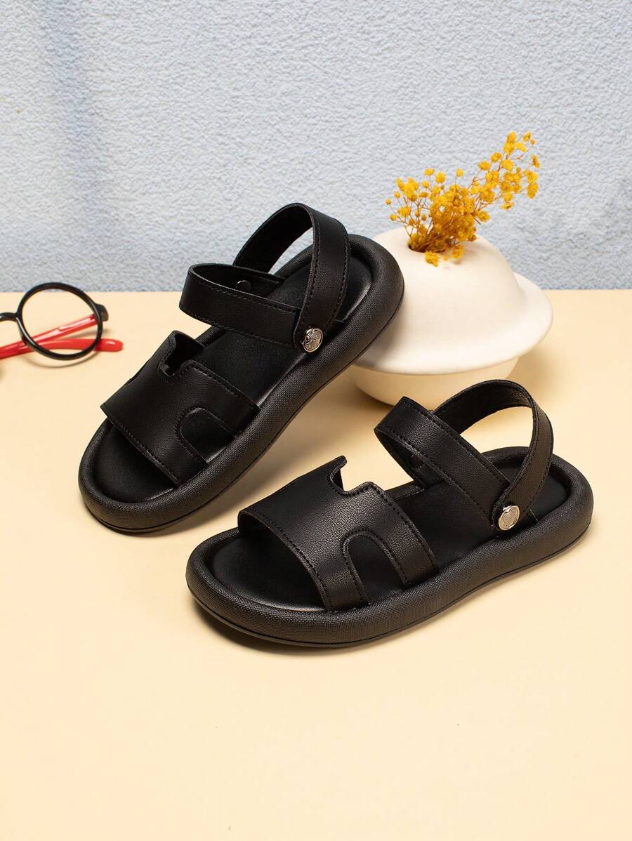 1 双黑色 PU 幼儿凉鞋，软底防滑婴儿拖鞋，婴儿学步鞋，适合夏季