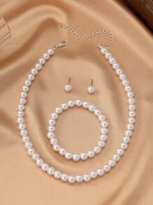 Set de 3 piezas de joyas con aretes, pulsera y collar con perlas de estilo minimalista y elegante, adecuado para uso diario, fiestas y eventos