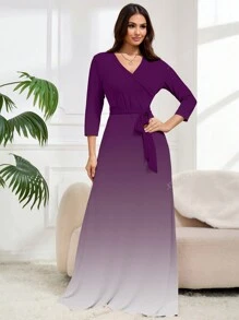 Plus Size Women's Deep V-Neck Elegant Long Sleeve Dress, Printed Knit Fabric, Women Summer Vacation Outfits