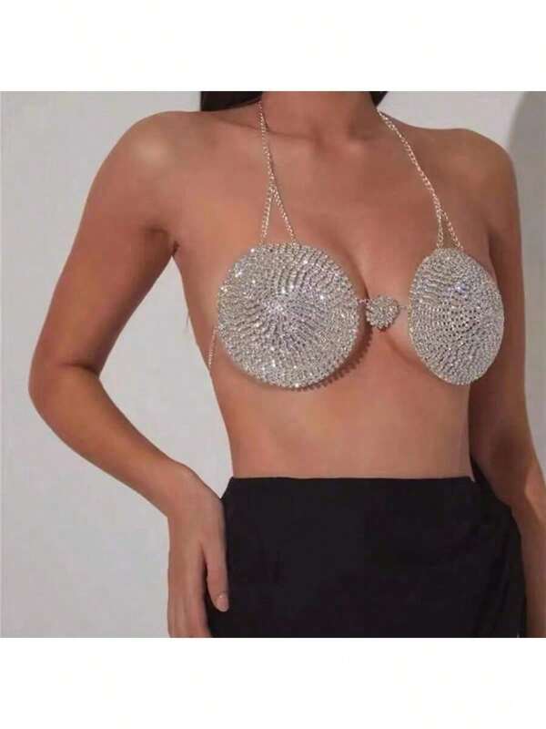 1pc Women's Fashion European & American Sexy Round Chest Chain, Crystal Shiny Bikini Body Chain, Metal Body Jewelry Accessories