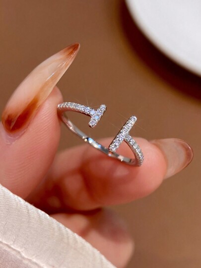 1 pezzo Anello regolabile in argento sterling S925 con diamanti paralleli, anello della promessa, anello a fedina, anello per anniversario, gioiello di lusso come regalo per le donne