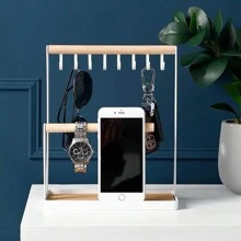 1pc Jewelry Organizer Necklace Stand, 2-Tier Jewelry Stand Wooden Ring Earring Tray, 8 Hooks Bracelet Hanging Display Rack For Earrings Rings Watches Storage Valentine's Day - Multicolor - View 10