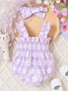 女婴紫色花朵印花吊带连体衣，春夏款
