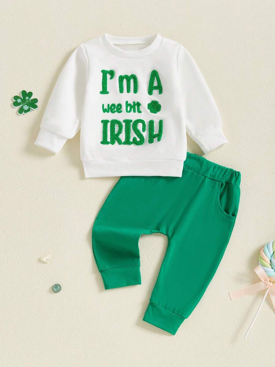 Baby 2Pcs Spring Outfits Long Sleeve Clover Embroidery Sweatshirt + Pants Set Infant Clothes - Green - View 1