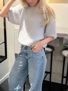 Women's Spring Autumn Knit Sweaters Half Sleeve O Neck Solid Color Casual Knitwear - Grey - View 4