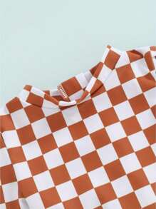 Girls Bikini Beach Swimwear Long Sleeve Checkerboard Print Ruffle Romper Bathing Suit - Brown - View 5
