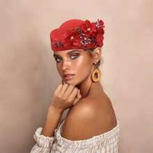 1顶毡帽，女士小圆帽，德比帽，优雅女士茶会帽，带花卉装饰，复古贝雷帽，时尚水钻软毡帽，适合角色扮演、婚礼派对和其他场合，是送给女性的绝佳礼物。 - A - 查看 10