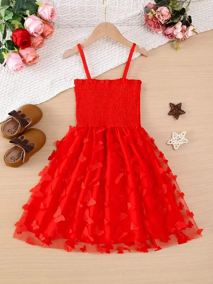 甜美女孩蝴蝶装饰细肩带芭蕾裙，时尚网眼连衣裙，夏日派对 - 紅色 - 查看 1