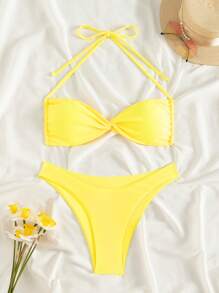 Bộ bikini hai mảnh buộc dây không dây màu trơn gợi cảm có áo hở lưng và quần lọt khe cạp cao, cho kỳ nghỉ hè ở bãi biển - Màu vàng - Xem 2