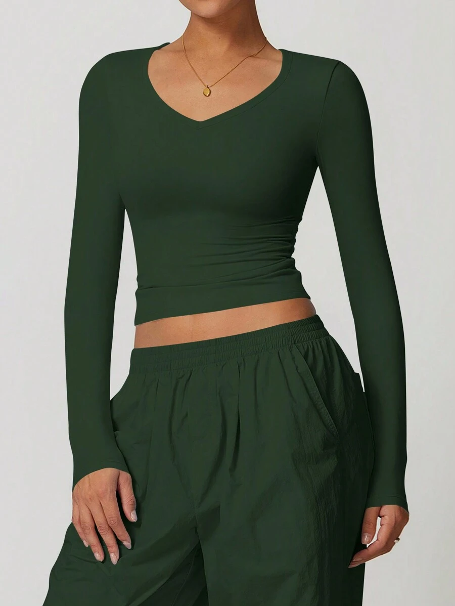 女士吸汗紧身长袖瑜伽跑步上衣，修身健身运动 T 恤