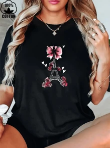 Happy Valentine'S Day Women's Eiffel Tower Decorated With Pink Bows And Hearts T-Shirt, Women's 220g Round Neck Casual Heavy Pure Cotton T-Shirt (1 PC) - Black - View 1