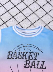 2pcs/Set Boys' Basketball Sports Outfit, Short Sleeve Shirt And Shorts, Casual Comfort Blue-Pink-Purple Gradient Design, Basketball No.23 Print, Suitable For Sports And Outdoor Wear
