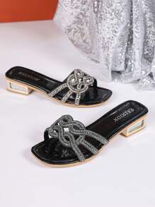 Damskie, eleganckie, błyszczące, letnie sandały na obcasie z grubym obcasem - Czarne - Zobacz 1