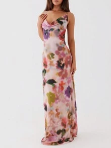 Sexy Backless Draped Neck Floral Print Dress, Sleeveless Fashion Vacation Beach Sundress - Pink - View 6