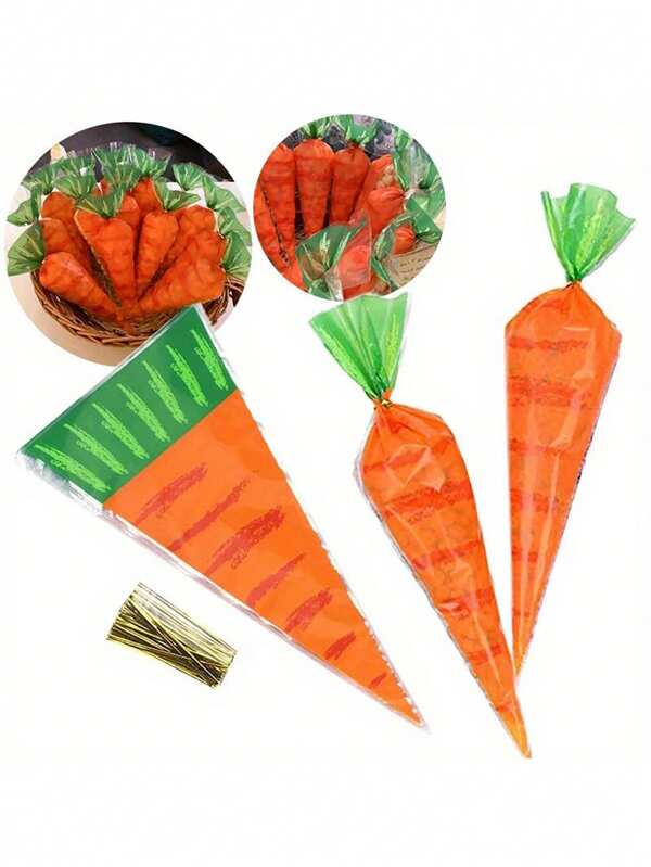20pcs/50pcs Festive Carrot-Shaped Gift Bags With Colorful Easter Bunny Design - Plastic Gift Pouches, Ideal For Birthday & Easter Party Favors