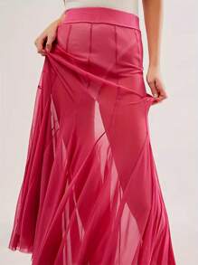 Womens Sheer Mesh Long Skirts Elastic High Waist Ruffle Hem Flowy Skirts Casual A-Line Midi Skirts - 玫紅色 - 查看 4