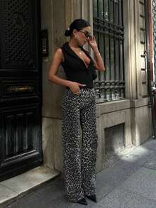 Pantalones anchos estilo retro con lavado descolorido y estampado de leopardo para mujer