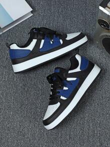 New 2025 Men Sports Shoes, White/Black Colorblocked With Blue, Comfortable, Minimalist, Elegant Design, Stable, Versatile Lace-Up Casual/Business Sneakers, Ideal For Walking, Commuting, Gifts, Dates