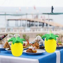 4 pièces Verres à pieds d'ananas avec couvercles et pailles, set de verres à boire pour fête. Verres à boire d'ananas avec couvercle et paille pour fête d'été, mariage, plage, thème tropical hawaïen (style de pailles aléatoire)