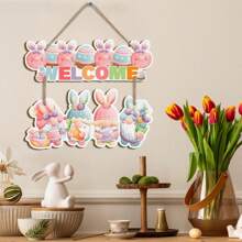 2 piezas de letreros colgantes de madera de bienvenida de primavera, decoraciones de bienvenida de conejito lindo, letreros de madera de bienvenida de Pascua para puerta, adecuados para interiores y exteriores, carteles decorativos para puerta, porche, decoración del hogar, decoración de habitaciones, decoración de pared